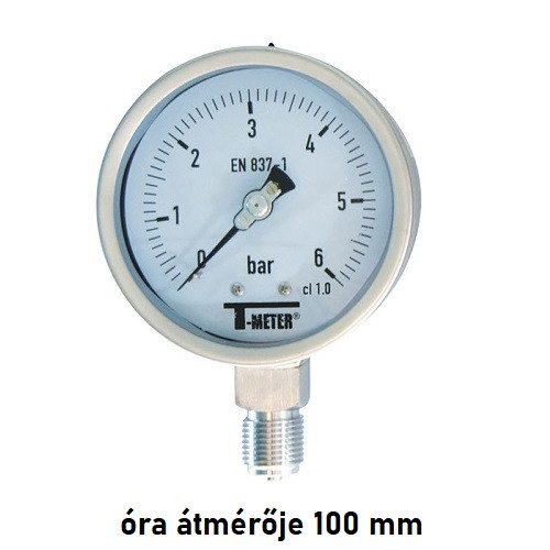 Nyomásmérő óra rozsdamentes D100 radial/alsó BSP1/2" 0-06 bárig