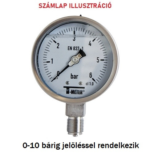 Nyomásmérő óra rozsdamentes D100 radial/alsó BSP1/2" 0-10 bárig + glycerinnel töltve