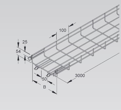 Rozsdamentes rácsos kábelcsatorna 54 x 050 x 3000 x 3.9 mm 1.4301