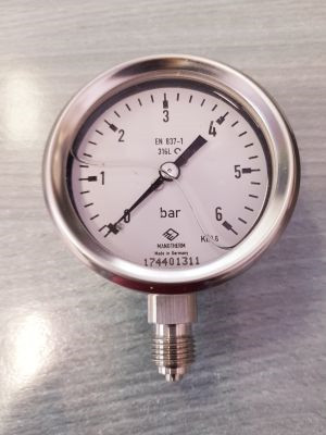 Nyomásmérő rozsdamentes 0-006,0 bar DN008 alsó menetes G1/4" saválló 1.4571, ház: 063mm inox